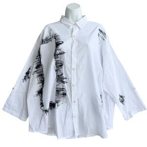 LYNG Button-Up Shirt Plus 2X White Long Sleeve Rayon Artsy Lagenlook Oversized